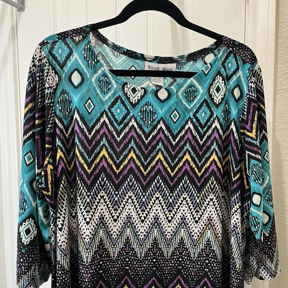 Nicole Marie Blue Teal Black Chevron Geometric Shark Bite Hem Top Womens Size XL - Picture 2 of 13